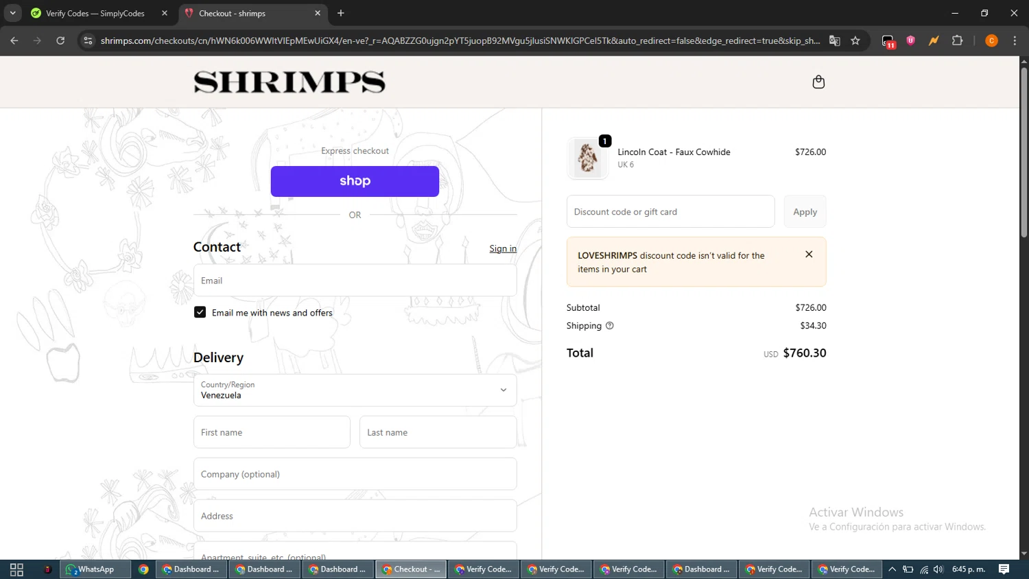 Shrimps promo code screenshot showing code LOVESHRIMPS applied at Shrimps checkout page. Uploaded by SimplyCodes community member guest_192805448 on Dec 22, 2025