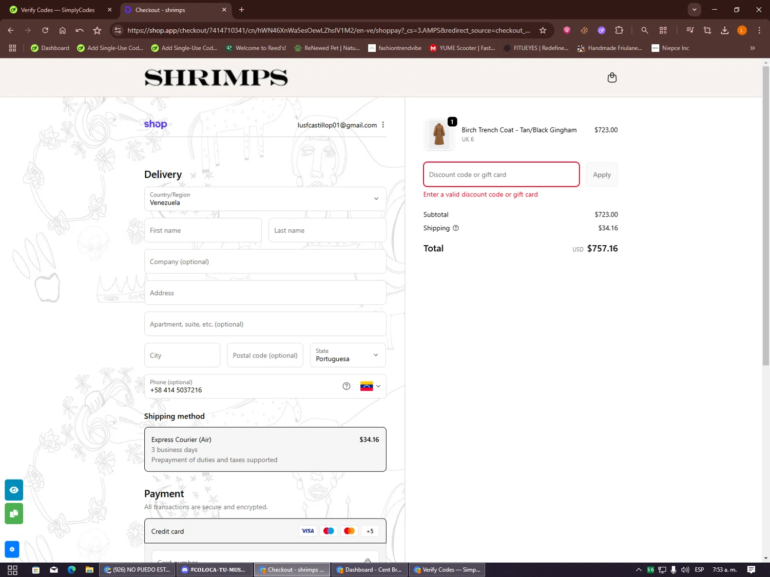 Shrimps promo code screenshot showing code ARCHIVE10 applied at Shrimps checkout page. Uploaded by SimplyCodes community member Alalee on Oct 14, 2025