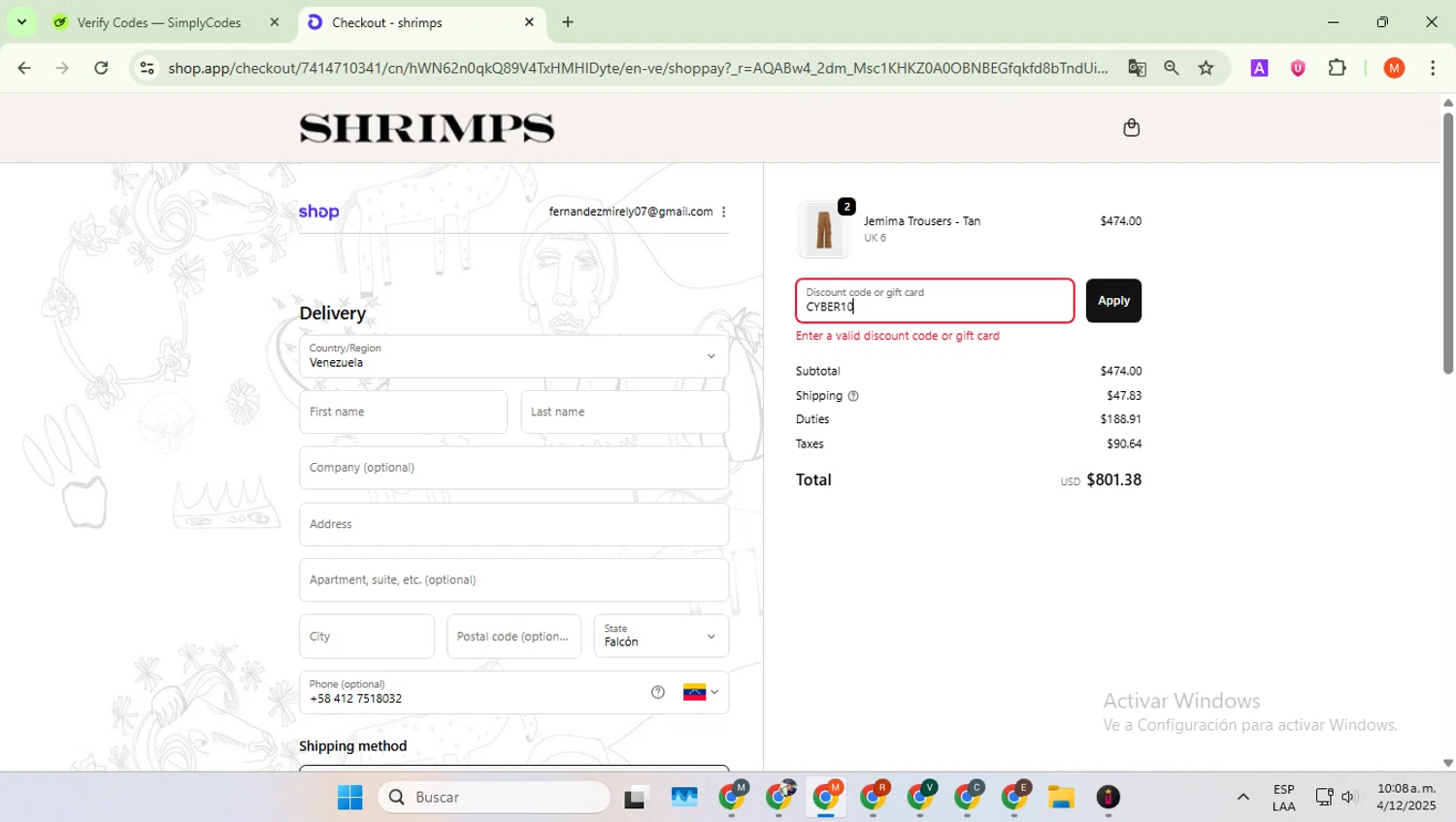 Shrimps promo code screenshot showing code CYBER10 applied at Shrimps checkout page. Uploaded by SimplyCodes community member BrilliantTiger6187 on Dec 4, 2025