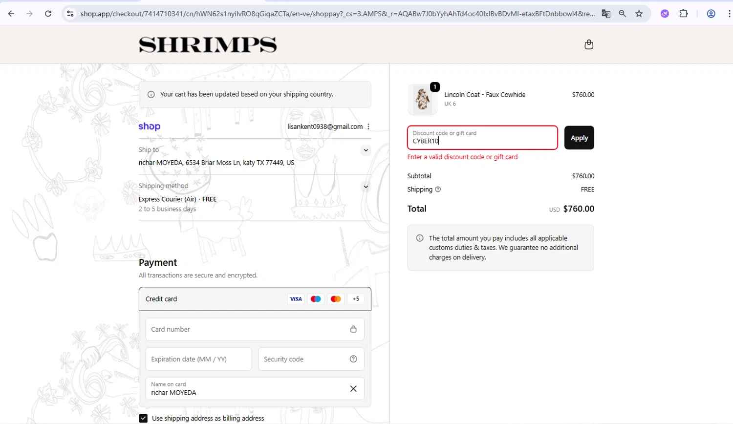 Shrimps promo code screenshot showing code CYBER10 applied at Shrimps checkout page. Uploaded by SimplyCodes community member PrimeWarden1601 on Dec 4, 2025