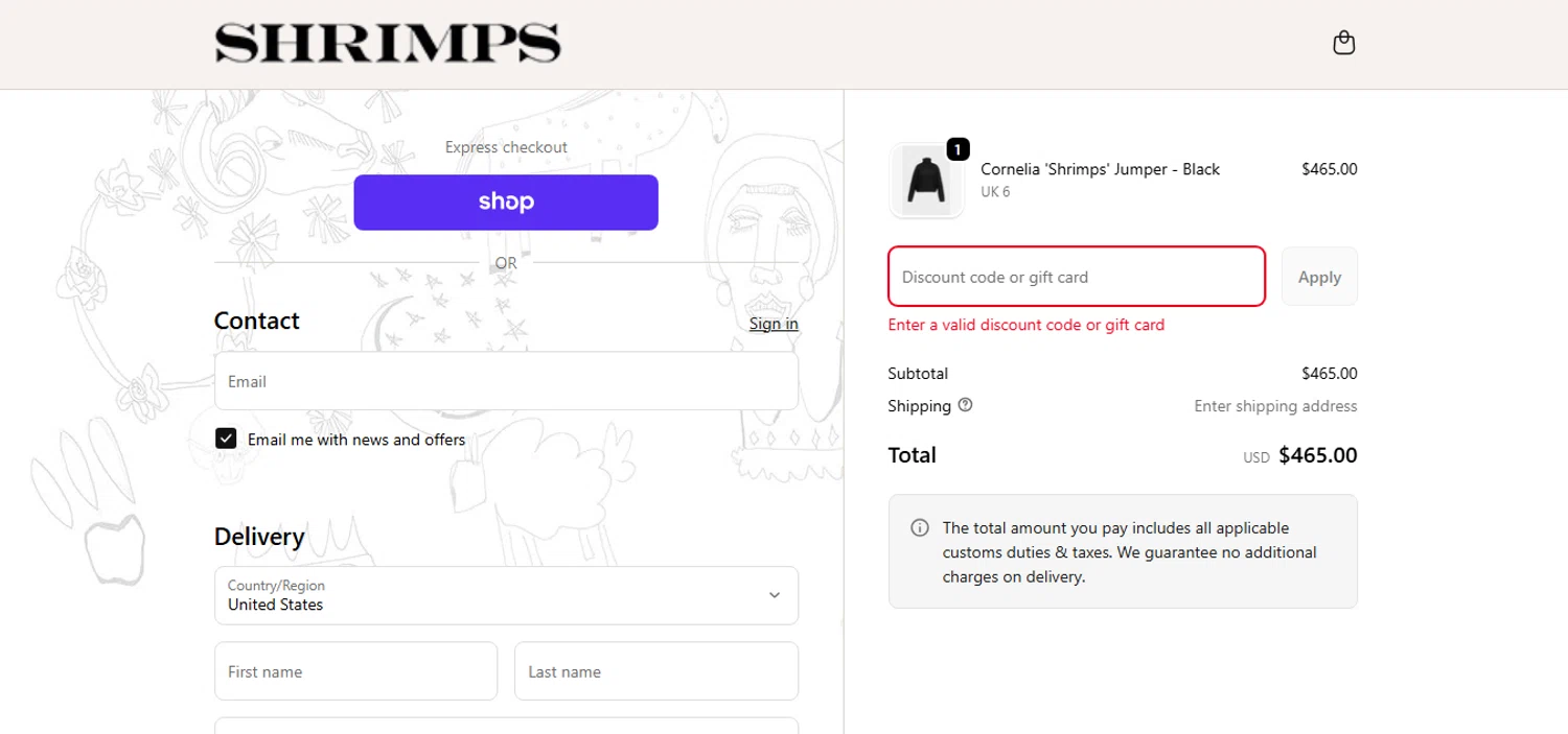 Shrimps promo code screenshot showing code CYBER10 applied at Shrimps checkout page. Uploaded by SimplyCodes community member xHRxUltrax on Dec 4, 2025