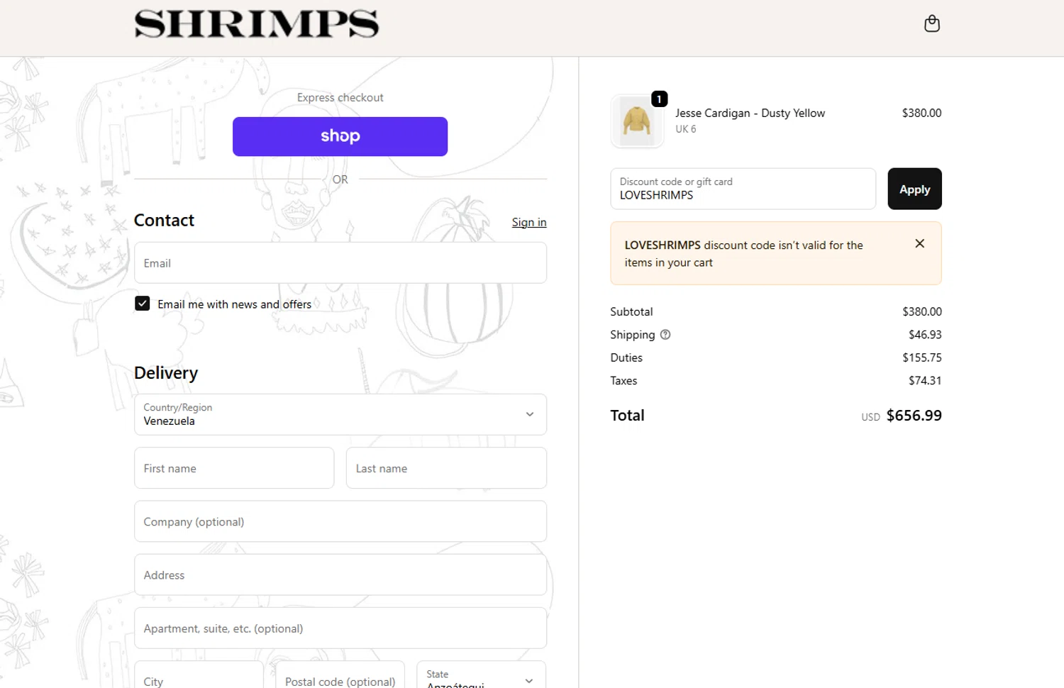 Shrimps promo code screenshot showing code LOVESHRIMPS applied at Shrimps checkout page. Uploaded by SimplyCodes community member Dorothy on Nov 24, 2025