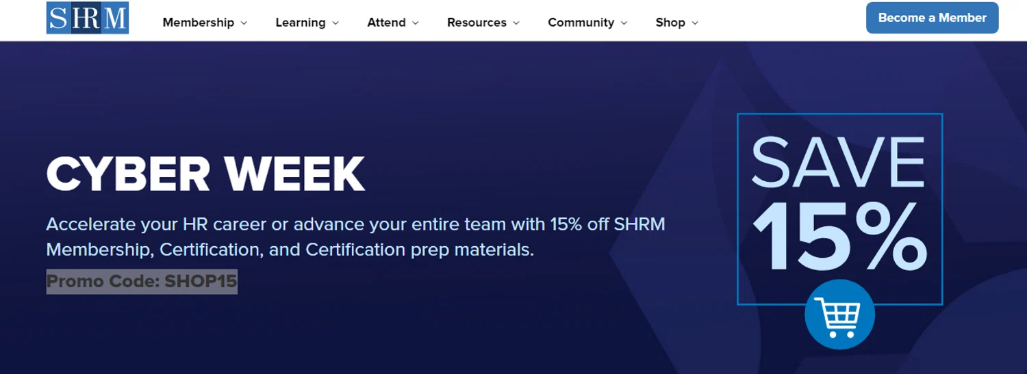 SHRM promo code screenshot showing code SHOP15 applied at SHRM checkout page. Uploaded by SimplyCodes community member Alofoke on Dec 27, 2025