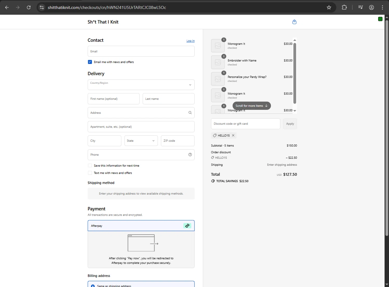 Sh*t That I Knit promo code screenshot showing code HELLO15 applied at Sh*t That I Knit checkout page. Uploaded by SimplyCodes community member verify_codes on Aug 21, 2025