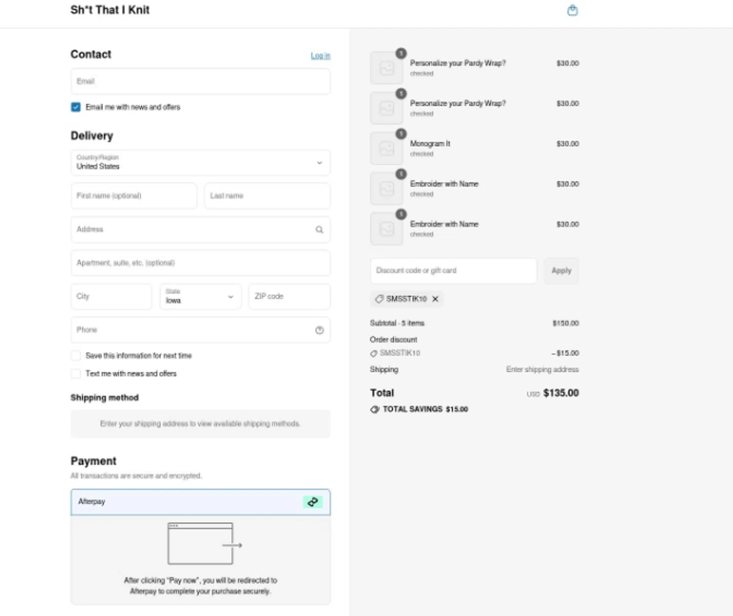 Sh*t That I Knit promo code screenshot showing code SMSSTIK10 applied at Sh*t That I Knit checkout page. Uploaded by SimplyCodes community member La_Cara_Mia on Jul 26, 2025