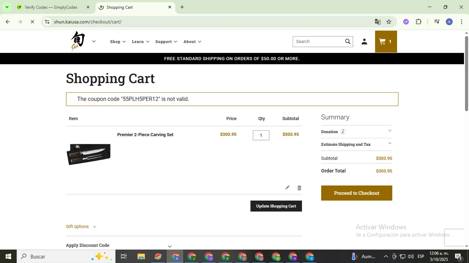 Shun discount code screenshot showing code 55PLH5PER12 applied at Shun checkout page. Uploaded by SimplyCodes community member TreasureCaptain5531 on Oct 5, 2025