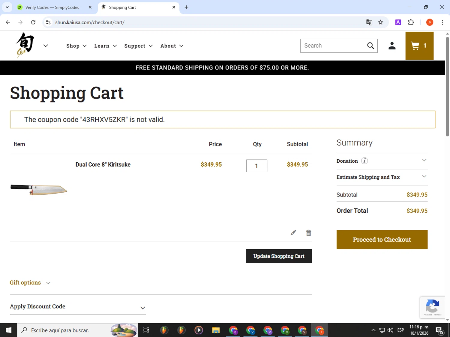 Shun checkout page showing Shun discount code box | Screenshot taken by SimplyCodes community member on Jan 19, 2026