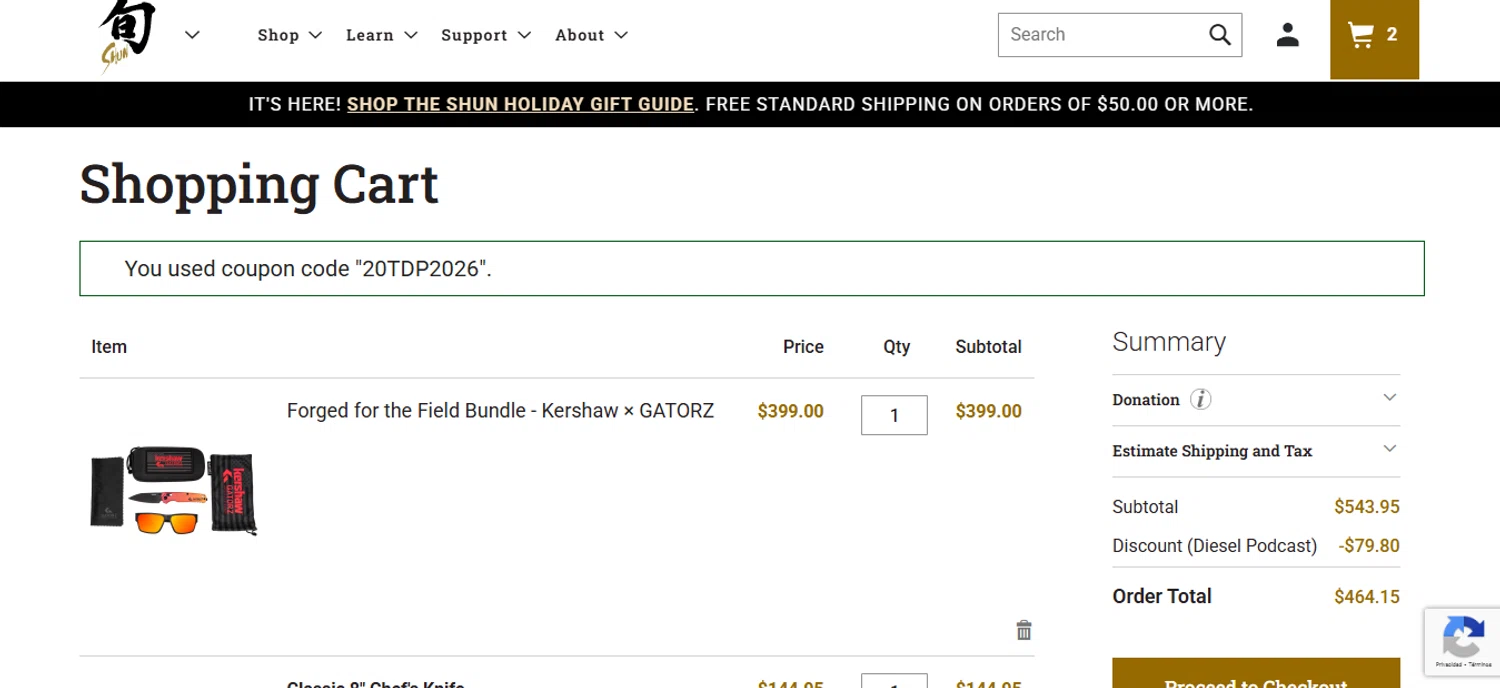 Shun discount code screenshot showing code 20TDP2026 applied at Shun checkout page. Uploaded by SimplyCodes community member ashe1986 on Nov 18, 2025