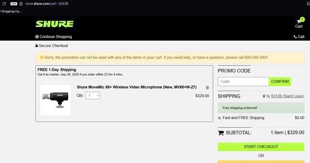 Shure checkout page showing Shure promo code box | Screenshot taken by SimplyCodes community member on May 18, 2025
