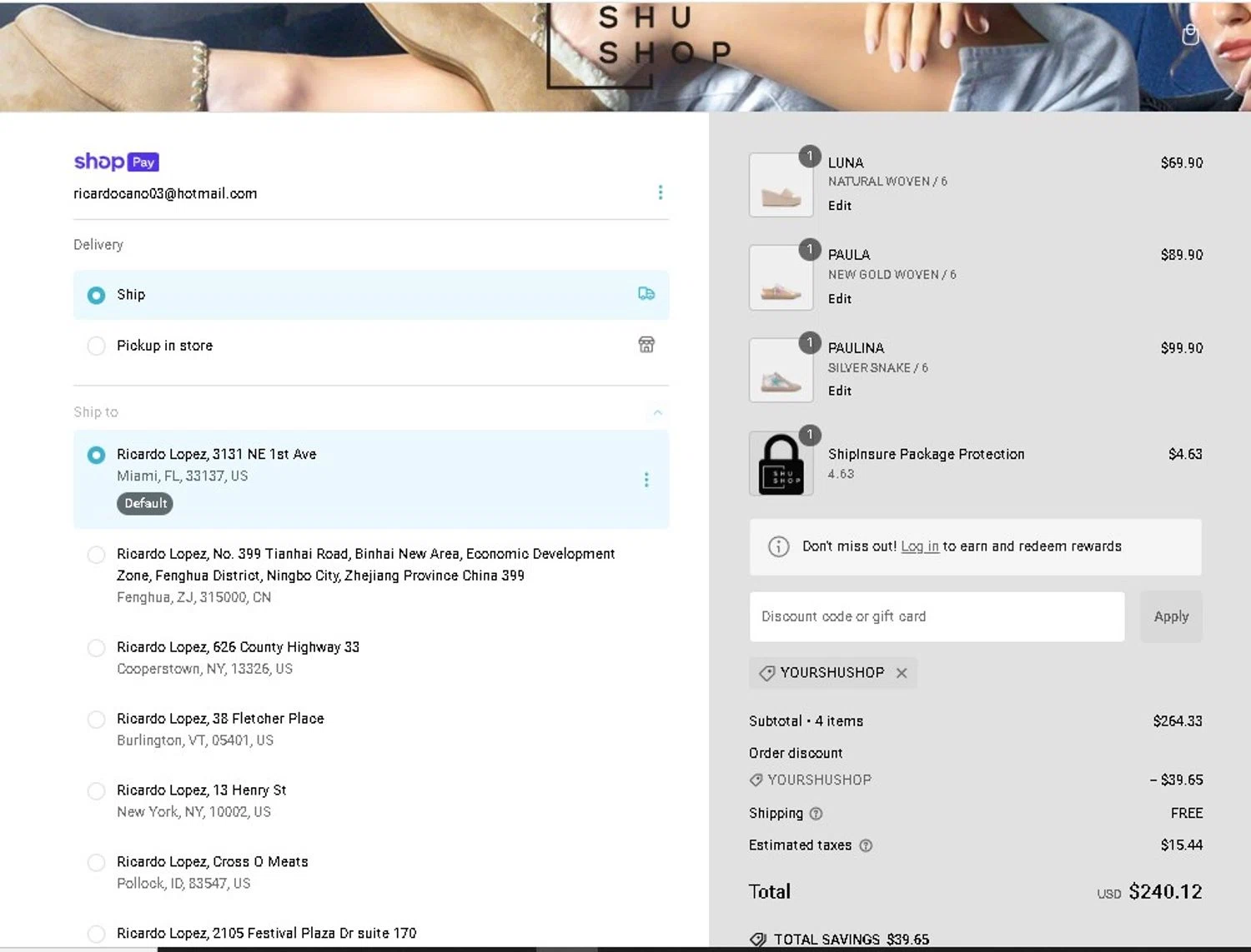 SHUSHOP discount code screenshot showing code YOURSHUSHOP applied at SHUSHOP checkout page. Uploaded by SimplyCodes community member LAMINEJAMAL on Jan 5, 2025