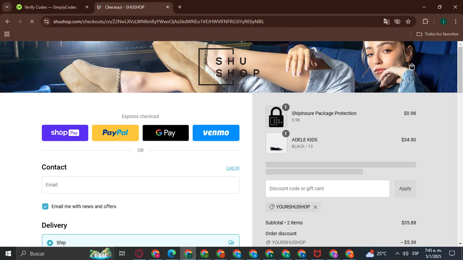 SHUSHOP discount code screenshot showing code YOURSHUSHOP applied at SHUSHOP checkout page. Uploaded by SimplyCodes community member BargainHunter8488 on Jan 5, 2025