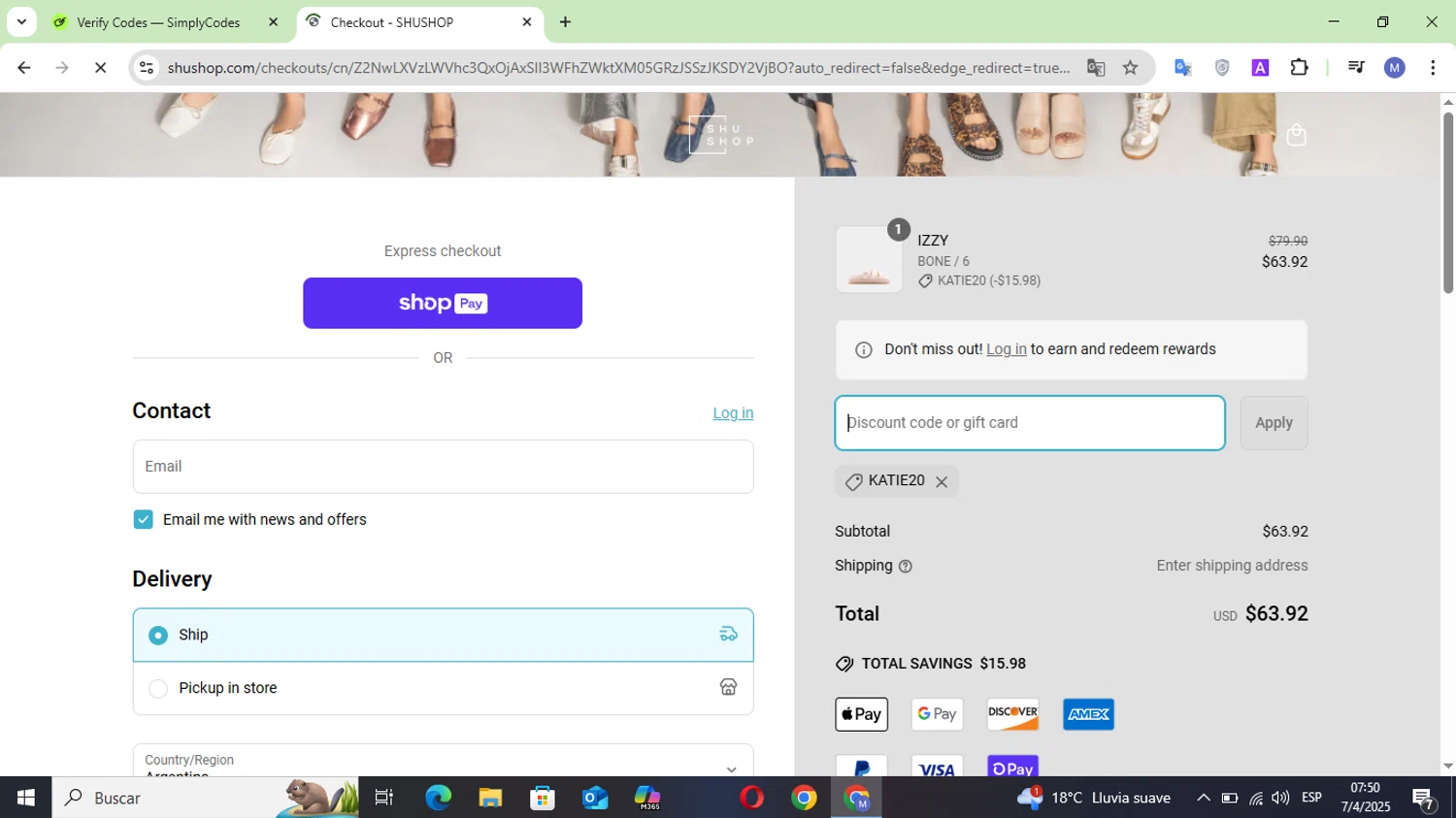 SHUSHOP discount code screenshot showing code KATIE20 applied at SHUSHOP checkout page. Uploaded by SimplyCodes community member MightyTracker1549 on Apr 7, 2025