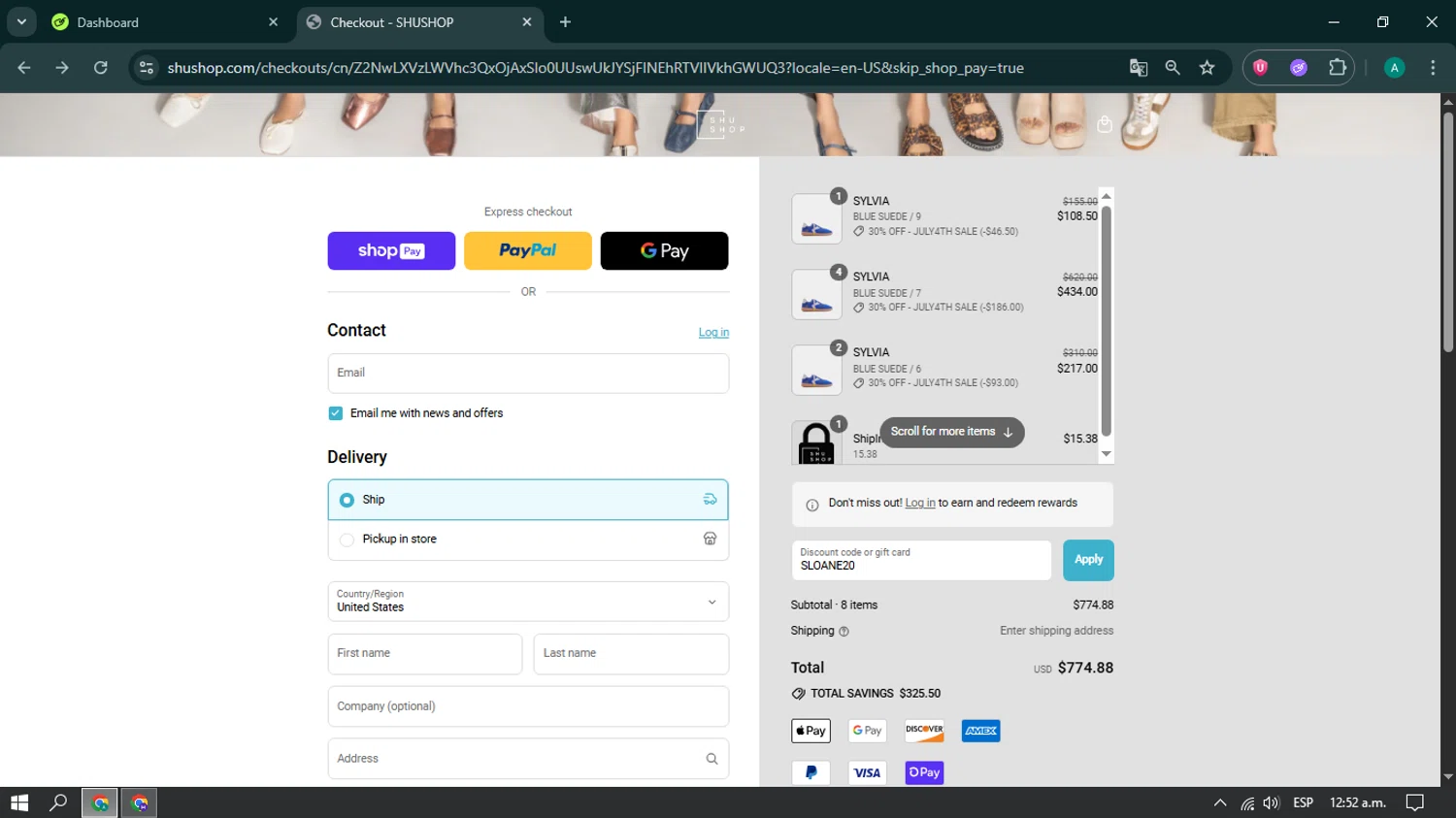 SHUSHOP discount code screenshot showing code SLOANE20 applied at SHUSHOP checkout page. Uploaded by SimplyCodes community member brianoconner on Jul 2, 2025