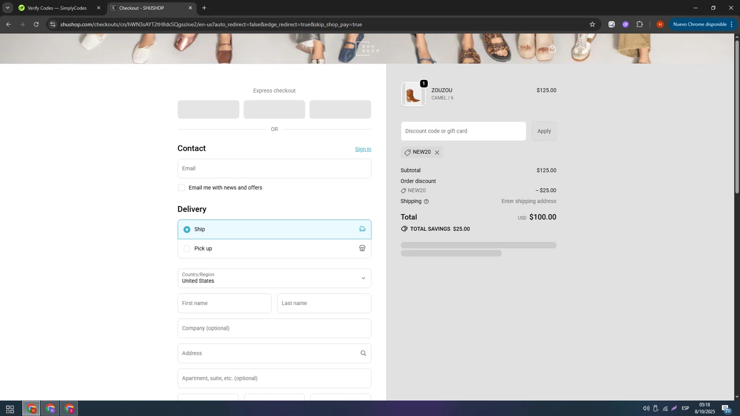 SHUSHOP discount code screenshot showing code New20 applied at SHUSHOP checkout page. Uploaded by SimplyCodes community member usename on Oct 8, 2025