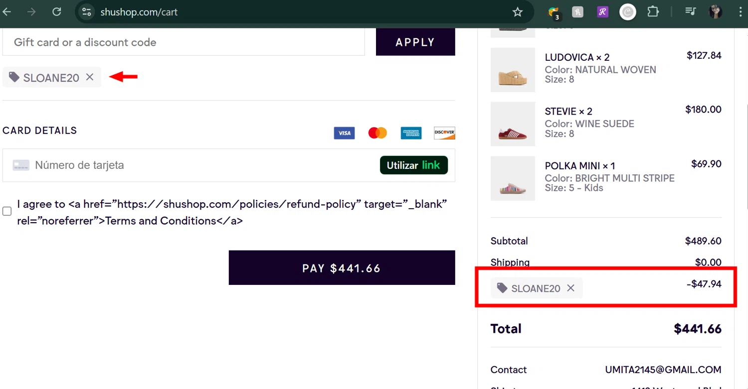 SHUSHOP discount code screenshot showing code SLOANE20 applied at SHUSHOP checkout page. Uploaded by SimplyCodes community member MarUmi on May 13, 2025