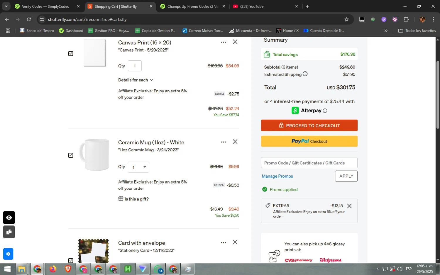 Shutterfly coupon code screenshot showing code EXTRA5 applied at Shutterfly checkout page. Uploaded by SimplyCodes community member BargainTitan4401 on May 29, 2025