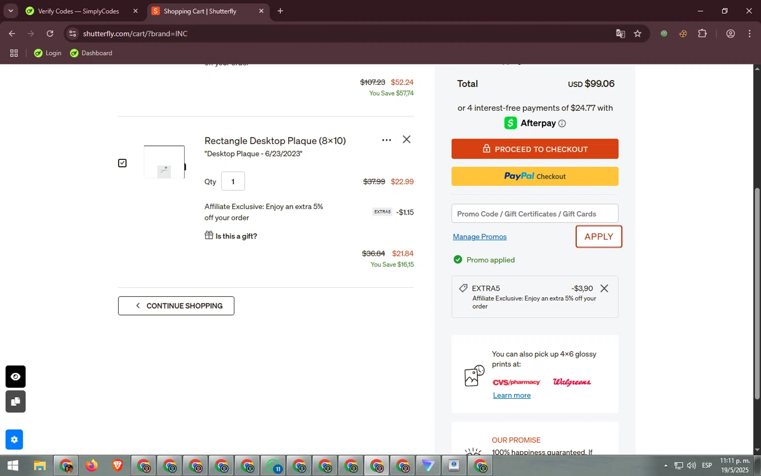 Shutterfly coupon code screenshot showing code EXTRA5 applied at Shutterfly checkout page. Uploaded by SimplyCodes community member NachoRed on May 20, 2025