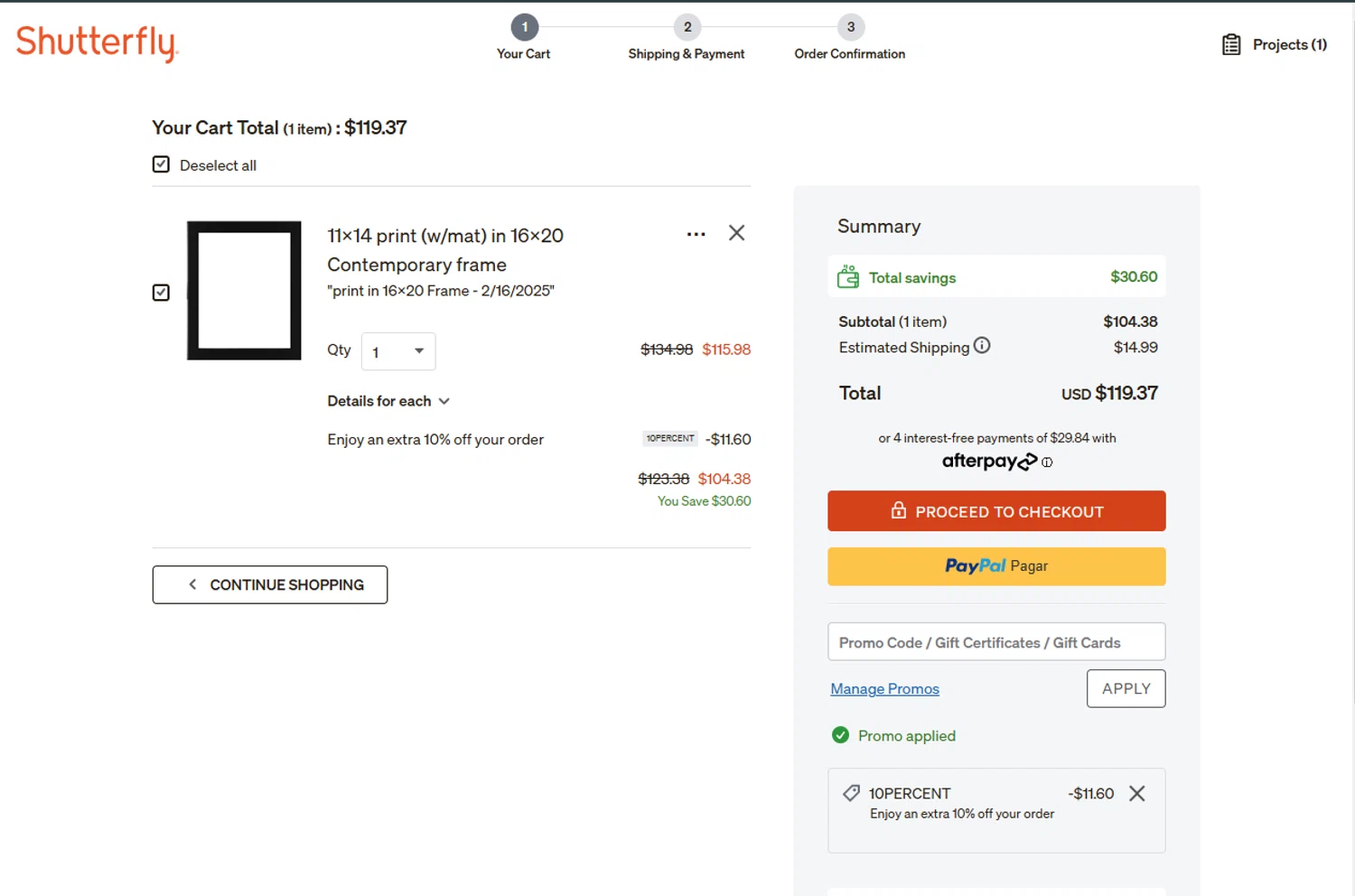 Shutterfly coupon code screenshot showing code 10PERCENT applied at Shutterfly checkout page. Uploaded by SimplyCodes community member SmartFinder4193 on Feb 16, 2025