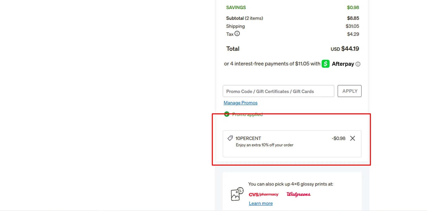 Shutterfly coupon code screenshot showing code 10PERCENT applied at Shutterfly checkout page. Uploaded by SimplyCodes community member Swiftdealz on Aug 3, 2025