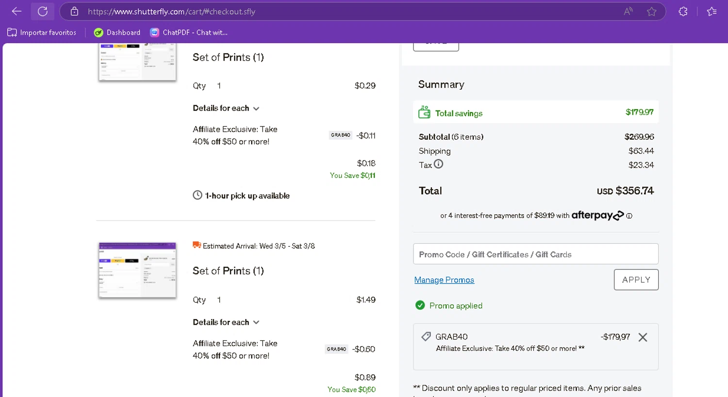 Shutterfly coupon code screenshot showing code GRAB40 applied at Shutterfly checkout page. Uploaded by SimplyCodes community member FredoGodofredo on Feb 26, 2025