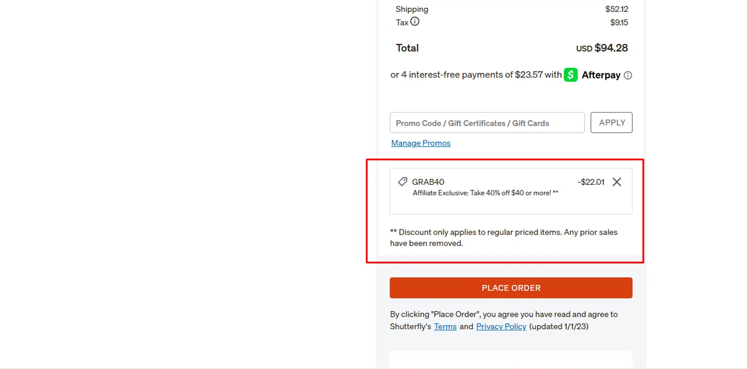 Shutterfly coupon code screenshot showing code GRAB40 applied at Shutterfly checkout page. Uploaded by SimplyCodes community member Swiftdealz on Aug 3, 2025