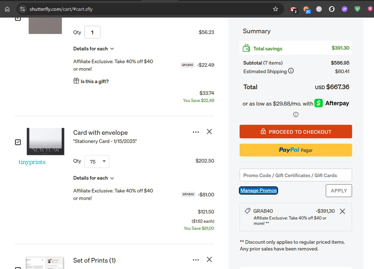 Shutterfly coupon code screenshot showing code GRAB40 applied at Shutterfly checkout page. Uploaded by SimplyCodes community member jfromvzla on Aug 12, 2025