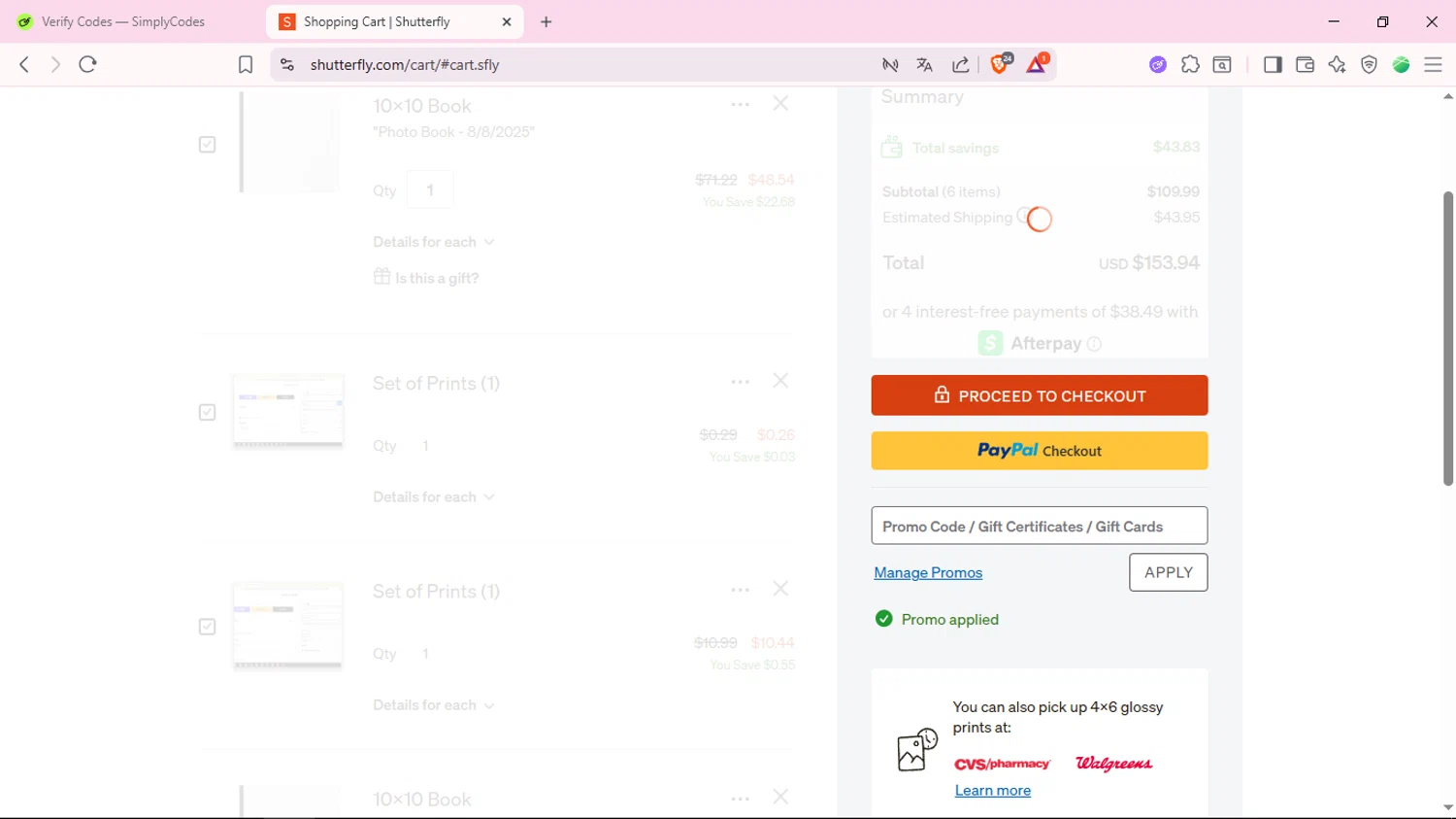 Shutterfly coupon code screenshot showing code shutterfly applied at Shutterfly checkout page. Uploaded by SimplyCodes community member DiscountSentinel4513 on Aug 8, 2025