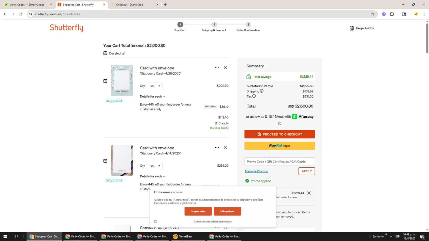 Shutterfly coupon code screenshot showing code shutterfly applied at Shutterfly checkout page. Uploaded by SimplyCodes community member Richard251 on Aug 13, 2025
