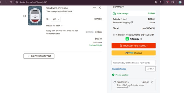 Shutterfly checkout page showing Shutterfly coupon code box | Screenshot taken by SimplyCodes community member on Aug 16, 2025