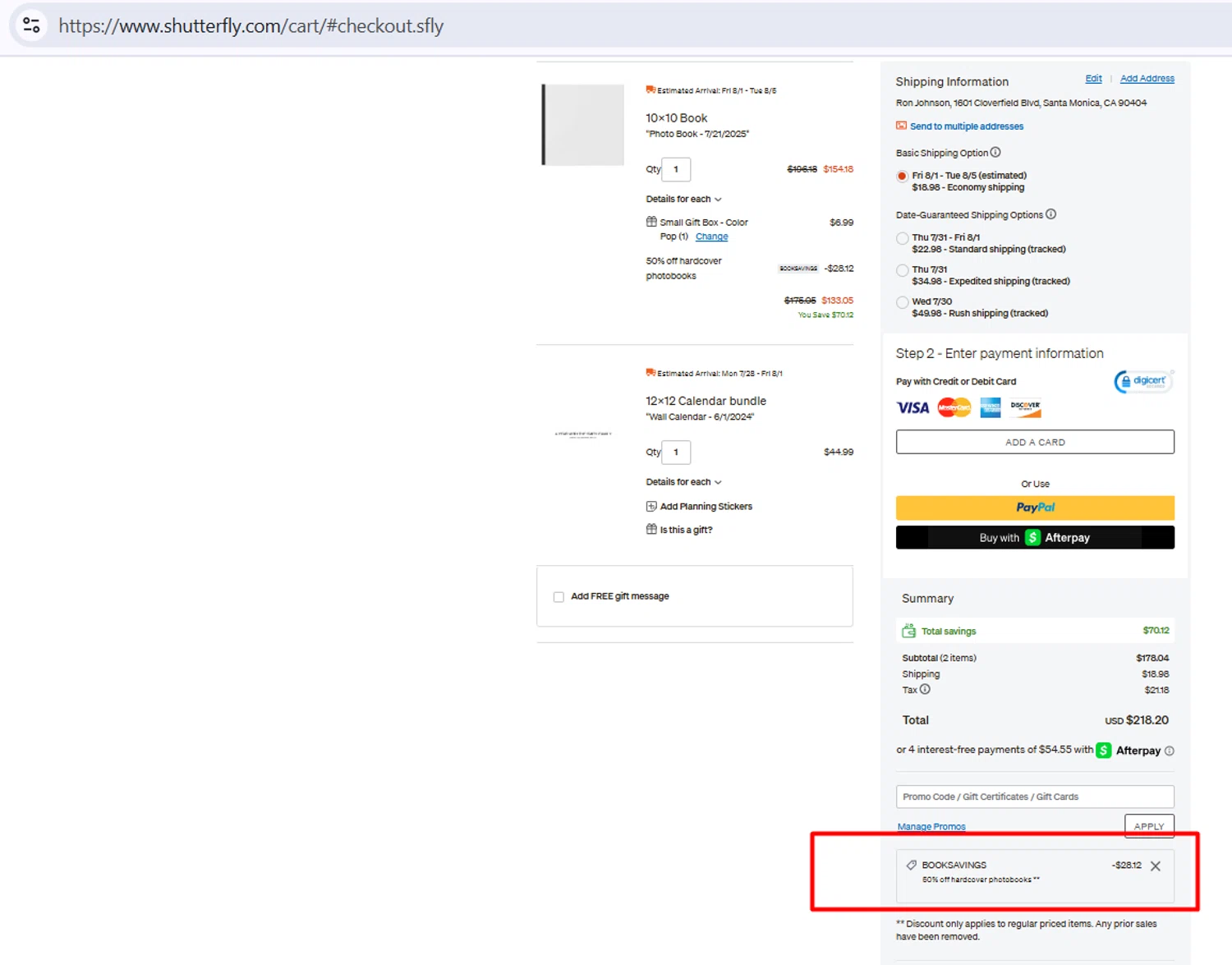 Shutterfly coupon code screenshot showing code BOOKSAVINGS applied at Shutterfly checkout page. Uploaded by SimplyCodes community member CouponWarden4757 on Jul 21, 2025