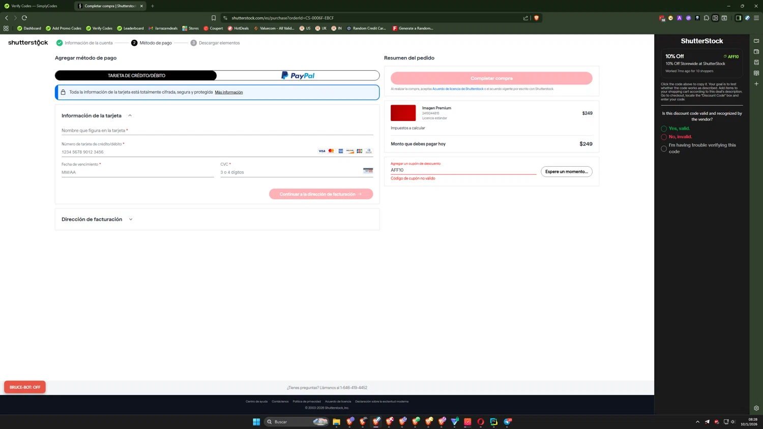 ShutterStock promo code screenshot showing code AFF10 applied at ShutterStock checkout page. Uploaded by SimplyCodes community member ilarrazaM2 on Jan 10, 2026