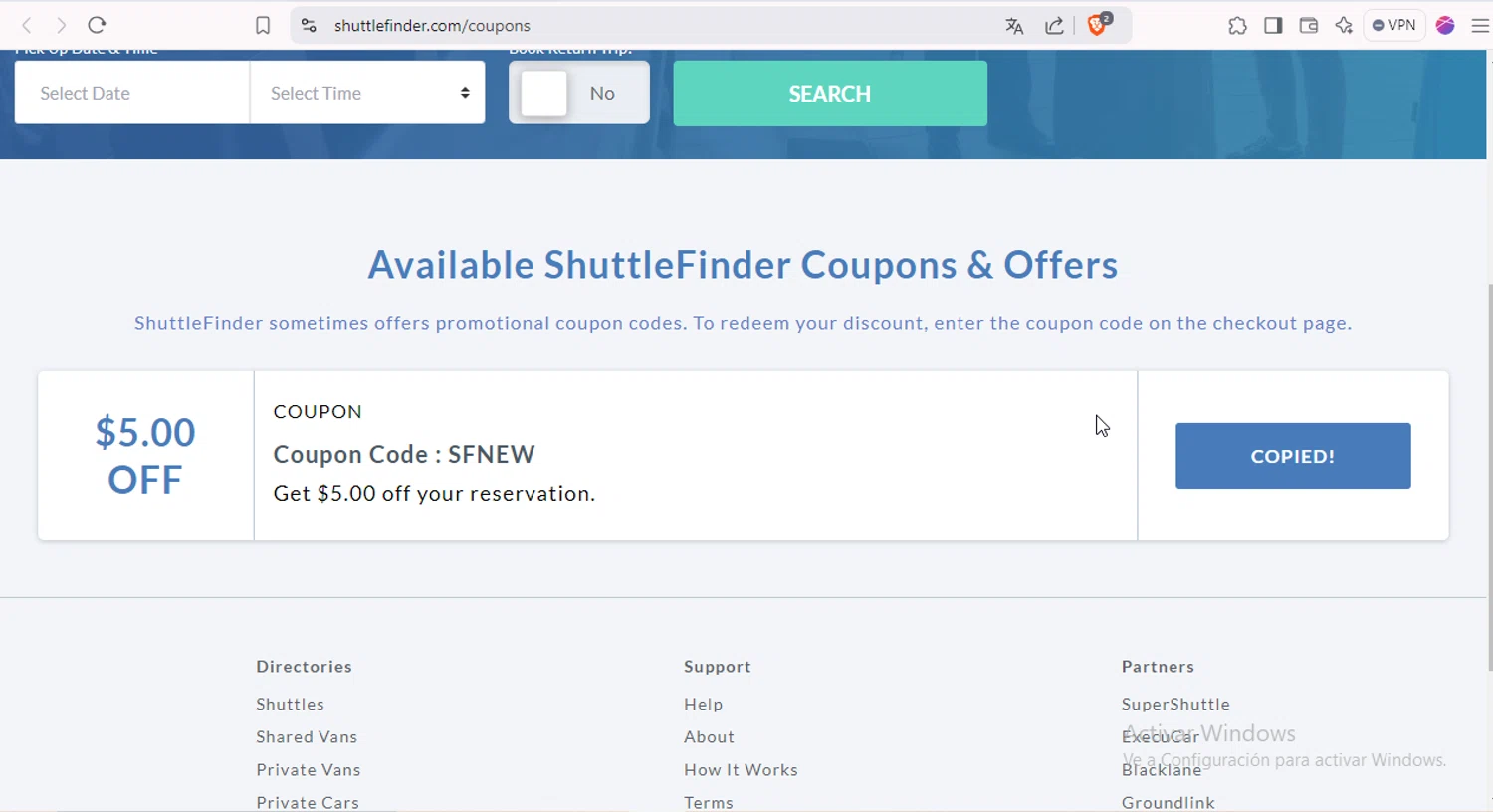 ShuttleFinder coupon code screenshot showing code SFNEW applied at ShuttleFinder checkout page. Uploaded by SimplyCodes community member NARUTO_UZUMAKIsx on Jan 11, 2025
