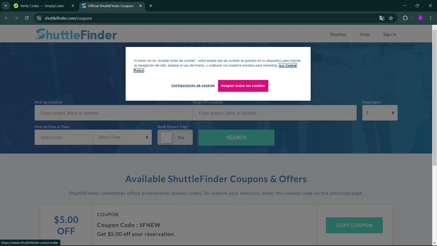 ShuttleFinder coupon code screenshot showing code SFNEW applied at ShuttleFinder checkout page. Uploaded by SimplyCodes community member GoldSeeker3096 on Jan 11, 2025