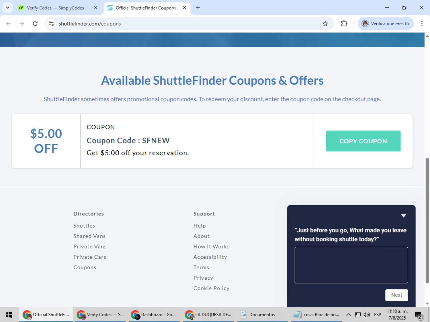 ShuttleFinder checkout page showing ShuttleFinder coupon code box | Screenshot taken by SimplyCodes community member on Aug 7, 2025
