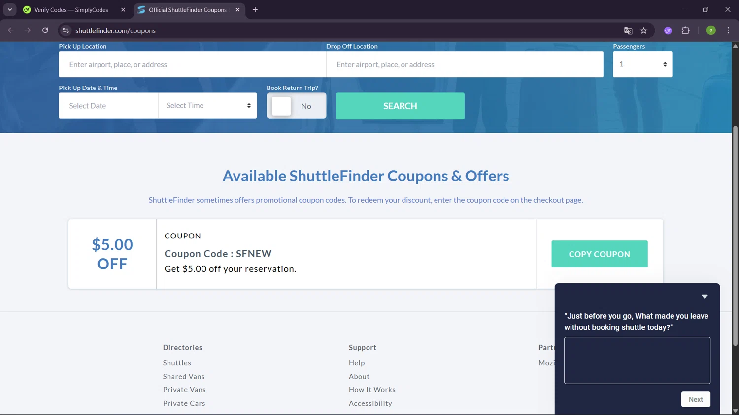 ShuttleFinder coupon code screenshot showing code SFNEW. applied at ShuttleFinder checkout page. Uploaded by SimplyCodes community member SavingsHero9122 on Oct 4, 2025