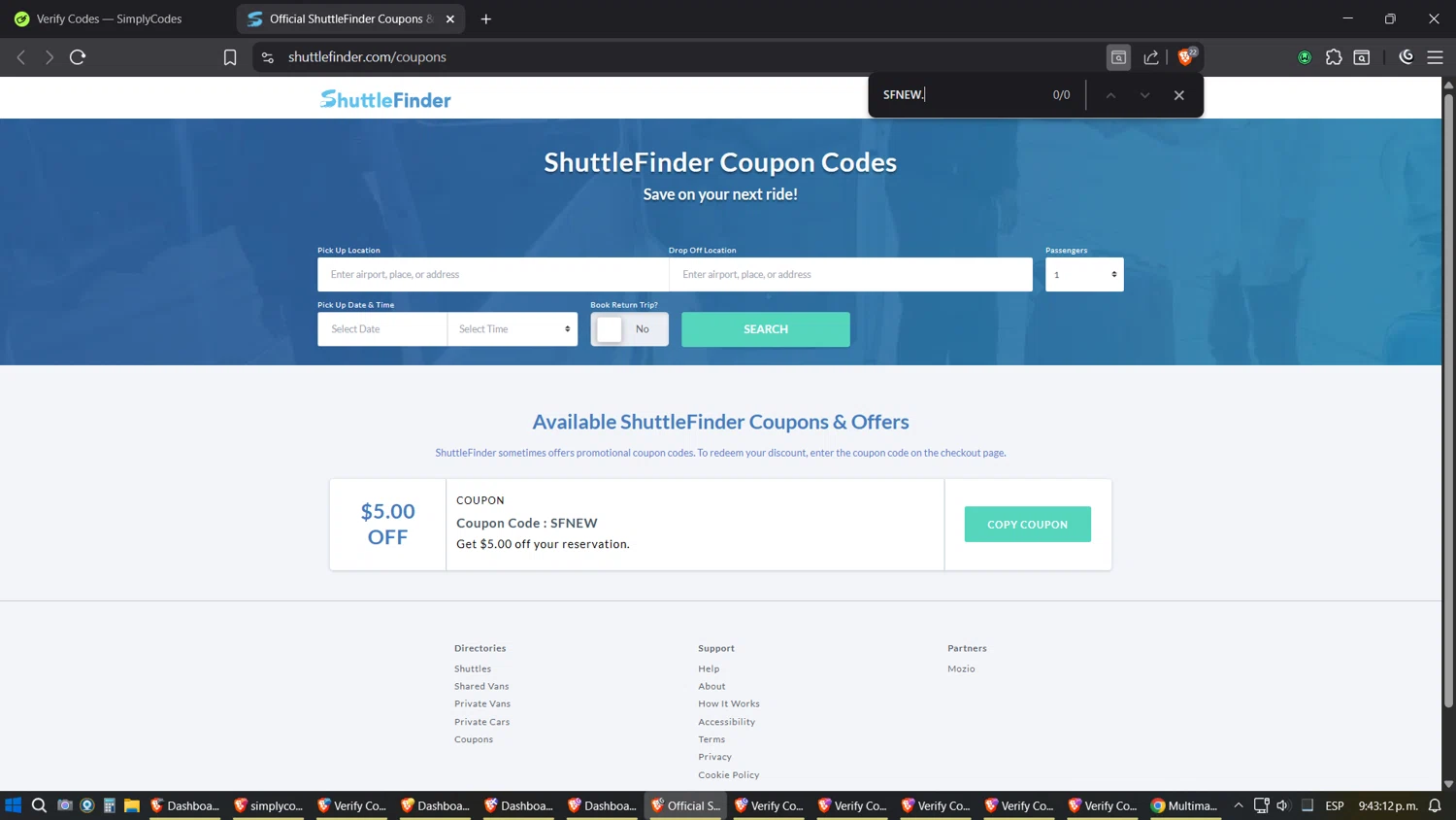 ShuttleFinder coupon code screenshot showing code SFNEW. applied at ShuttleFinder checkout page. Uploaded by SimplyCodes community member Shizuku on Oct 5, 2025