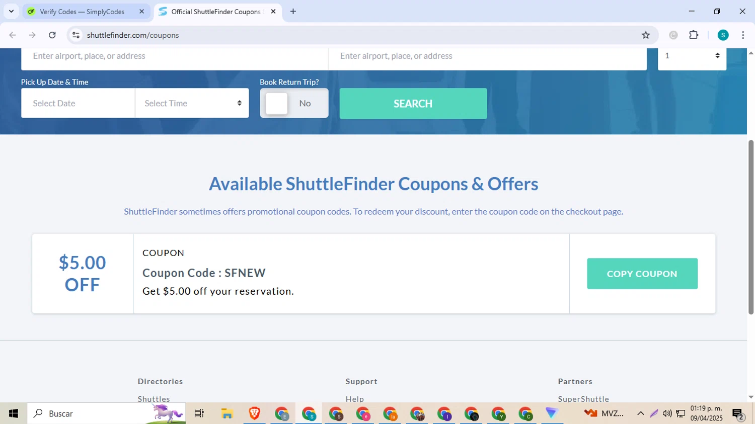 ShuttleFinder checkout page showing ShuttleFinder coupon code box | Screenshot taken by SimplyCodes community member on Apr 9, 2025