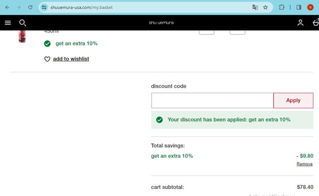 Shu Uemura checkout page showing Shu Uemura promo code box | Screenshot taken by SimplyCodes community member on Jan 20, 2024