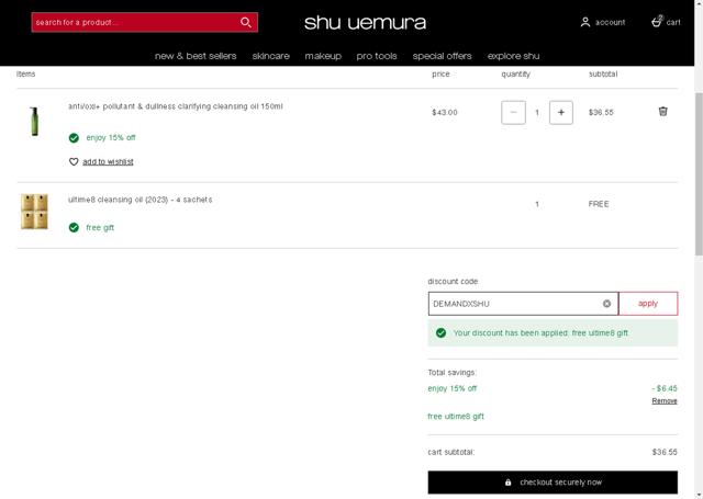 Shu Uemura checkout page showing Shu Uemura promo code box | Screenshot taken by SimplyCodes community member on Apr 15, 2024