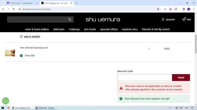 Shu Uemura checkout page showing Shu Uemura promo code box | Screenshot taken by SimplyCodes community member on Mar 20, 2024