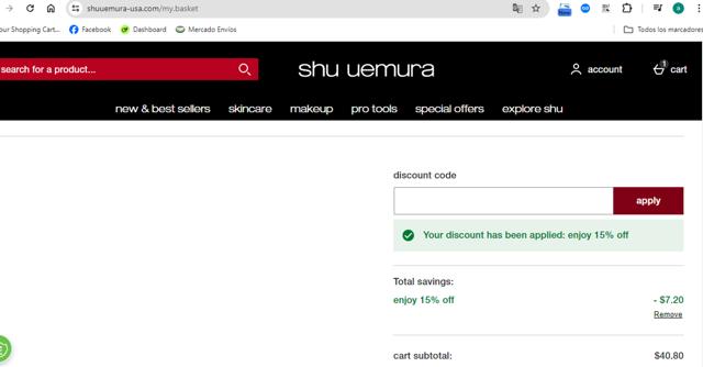 Shu Uemura checkout page showing Shu Uemura promo code box | Screenshot taken by SimplyCodes community member on Jun 6, 2024
