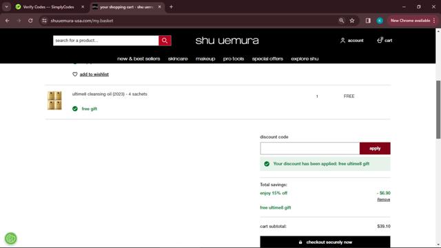 Shu Uemura checkout page showing Shu Uemura promo code box | Screenshot taken by SimplyCodes community member on Apr 6, 2024