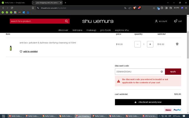 Shu Uemura checkout page showing Shu Uemura promo code box | Screenshot taken by SimplyCodes community member on Jul 16, 2024