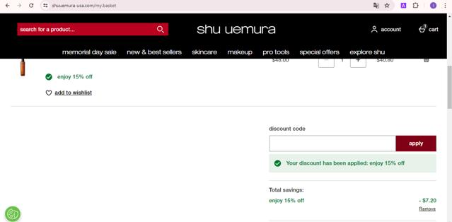 Shu Uemura checkout page showing Shu Uemura promo code box | Screenshot taken by SimplyCodes community member on May 27, 2024
