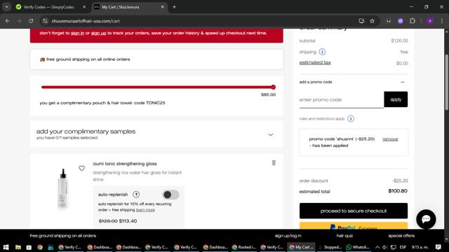 Shu Uemura Art of Hair checkout page showing Shu Uemura Art of Hair promo code box | Screenshot taken by SimplyCodes community member on Sep 7, 2025