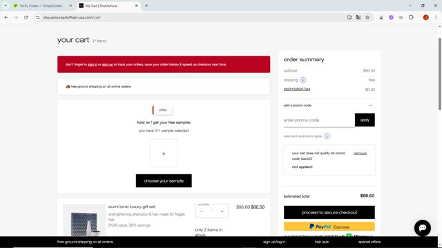 Shu Uemura Art of Hair checkout page showing Shu Uemura Art of Hair promo code box | Screenshot taken by SimplyCodes community member on Aug 4, 2025