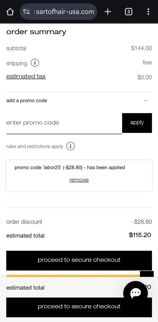 Shu Uemura Art of Hair checkout page showing Shu Uemura Art of Hair promo code box | Screenshot taken by SimplyCodes community member on Aug 29, 2025