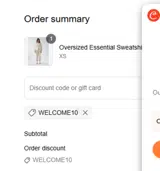 WELCOME10 coupon verification screenshot