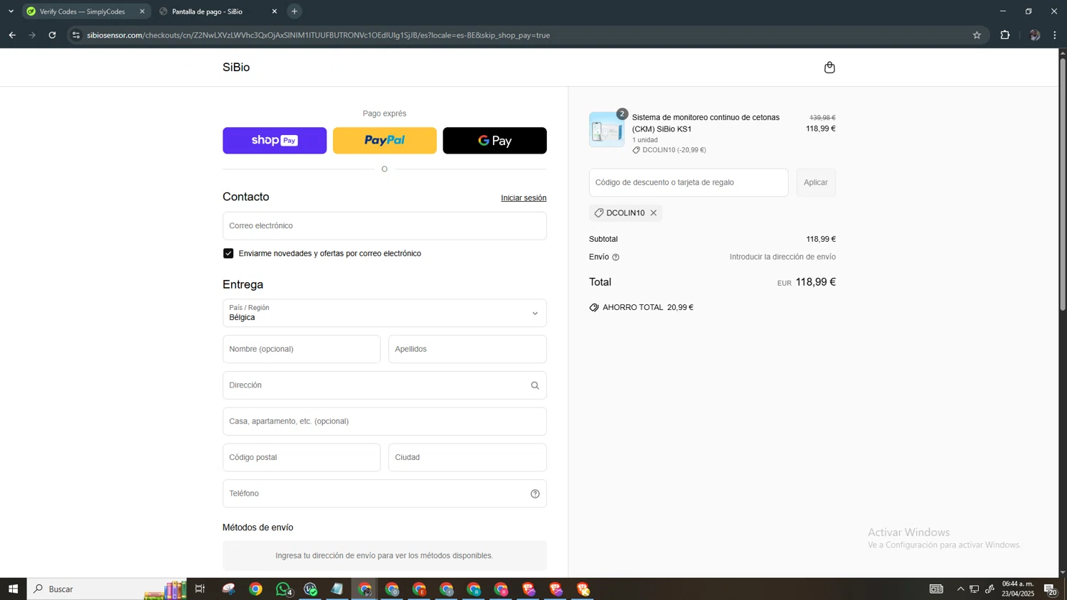 SiBio promo code screenshot showing code DColin10 applied at SiBio checkout page. Uploaded by SimplyCodes community member Chamber on Apr 23, 2025