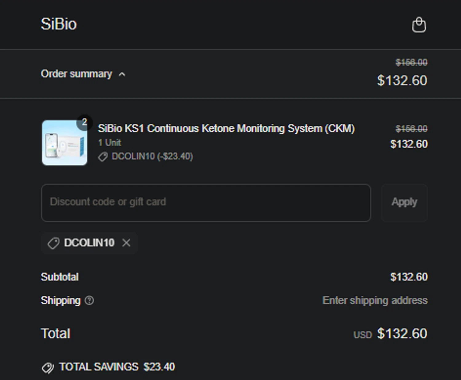 SiBio promo code screenshot showing code DColin10 applied at SiBio checkout page. Uploaded by SimplyCodes community member SpiderGwen on Mar 25, 2025